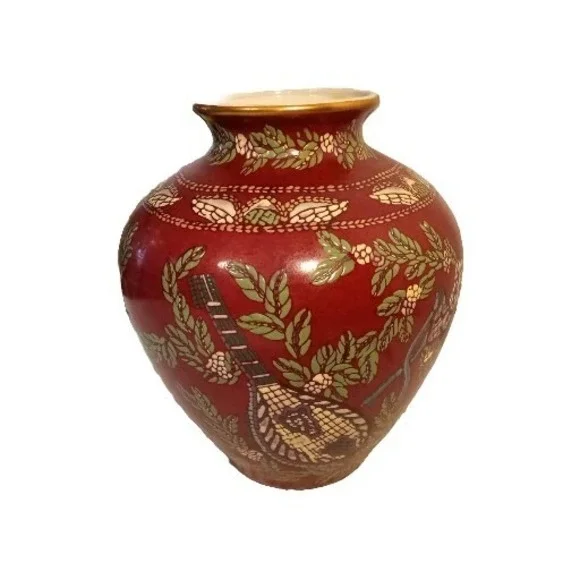 Andrea by Sadek VTG Red Violin Bird Greenery Pottery Vase 9.5
