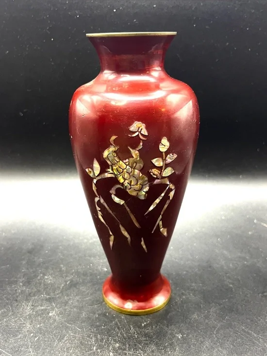 Vintage Korean Red Enamel  Brass Vase Mother of Pearl Peacock Inlay Floral 7”