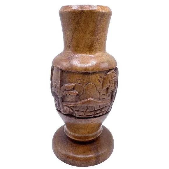 Vintage Hand Carved Wooden Vase Tropical Village Scene‎ Wood Tiki Folk Art Decor
