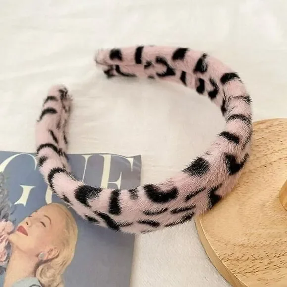 NWOT Faux Fur Leopard Headband In Pink & Black
