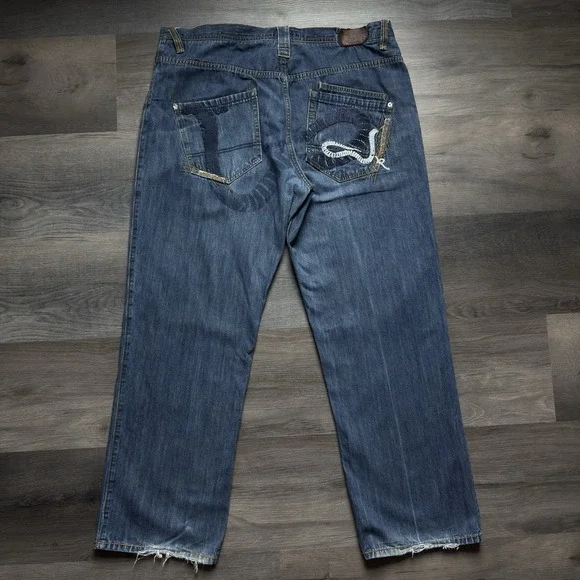 Rocawear Baggy Wide Leg Embroidered Snake Jeans Mens 42x34 Y2K Distressed Blue
