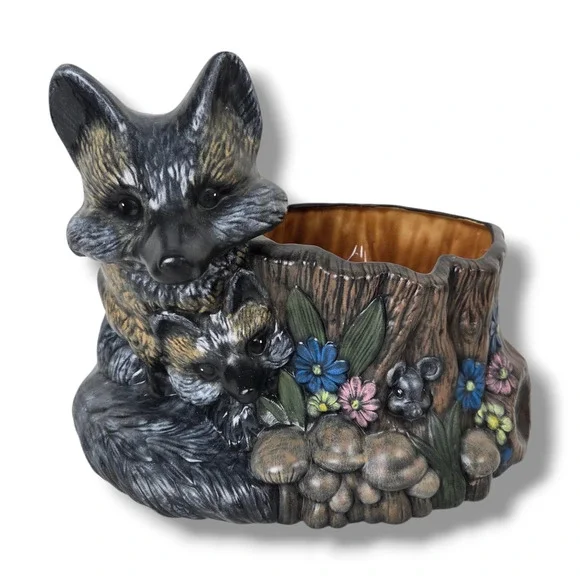 Vintage Woodland Fox & Kit Tree Stump Planter Ceramic Pot Decorative Art