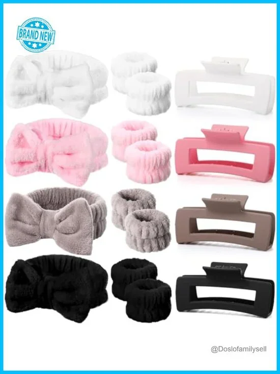 16 Pcs Spa Headband Wristband Set with Hair Claw Clips Makeup Skincare Bath
