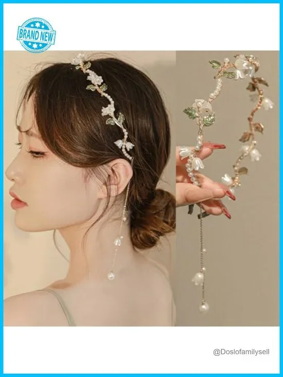 Pearl Vine Gold Leaf Tassel Hair Hoop Band Boho Headwear Bridal Wedding Hair