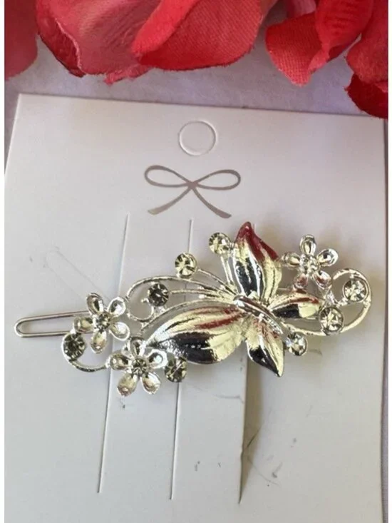 Flower Hair Clip Clamp Butterfly Flower Bling SIlver Crystal Rhinestone 2.5