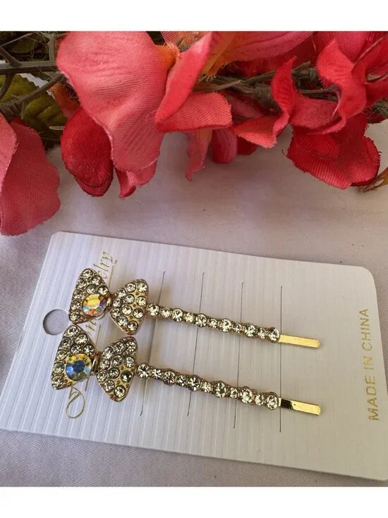 2 PC Set Hair Clips Pin Rhinestone Bow Bling Goldtone Crystal Rhinestone 2.5