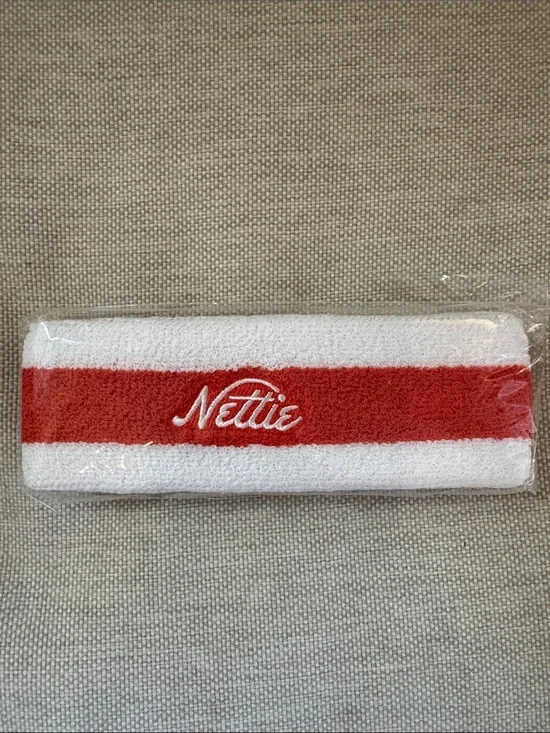Set of 2 Nettie Terry Cloth Headbands in White + Red Stripe. New in package