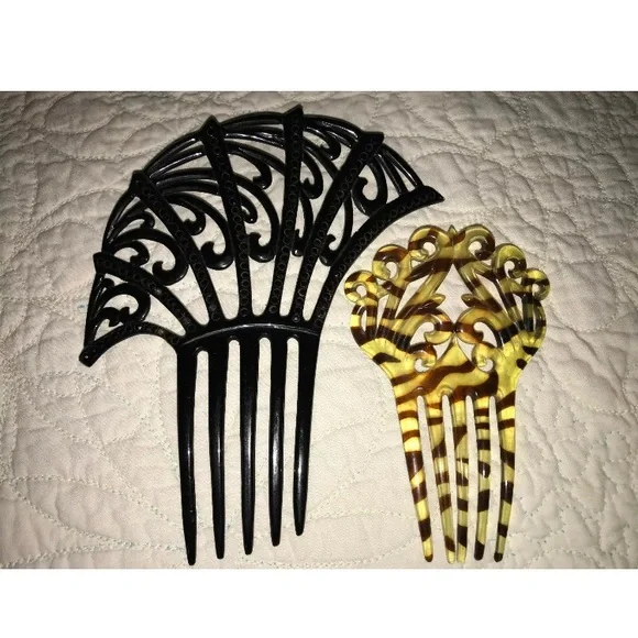 2 Antique black‎ celluloid HAIR COMB rhinestone
