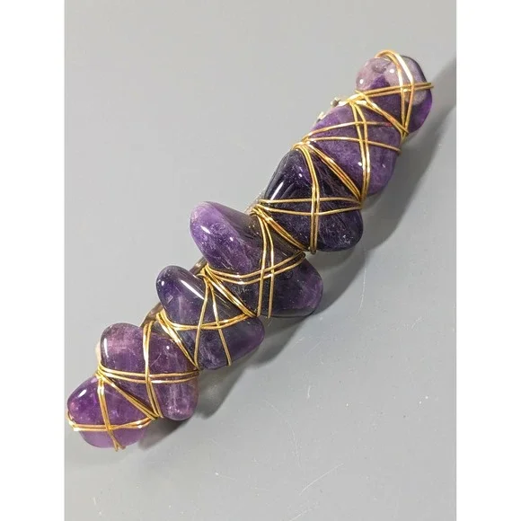 Artisan Purple Gemstone Wire Wrapped Hair Barrette Gold Tone Handmade