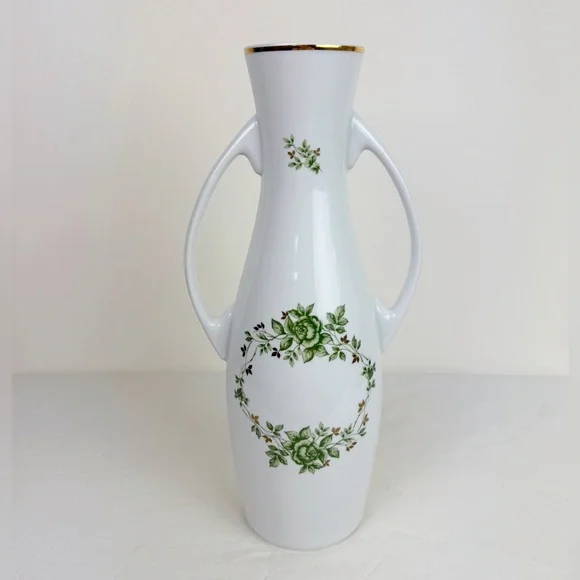 Hollohaza Hungary Erika Green Floral Handled Porcelain Vase
