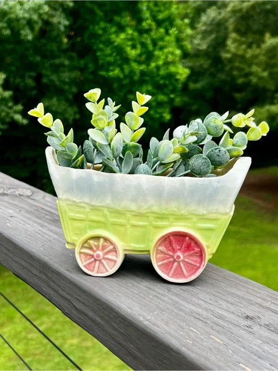 Vintage Ceramic Wagon Planter Cottagecore Farmhouse Succulent Planter