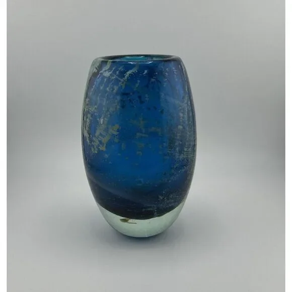 Beautiful MDINA Blue/Green/Yellow Glass Vase - ~6.5 Inches Tall‎
