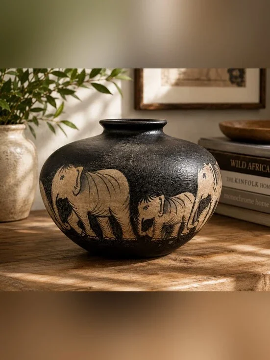Vintage Studio Pottery Vase Elephant‎ Motif Matte Black Southwest Style