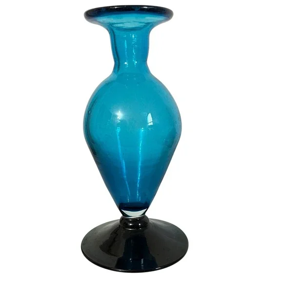 Mesa Internacional GV Teal Blue Art Glass‎ Vase Swung Trumpet Top Made in Mexico