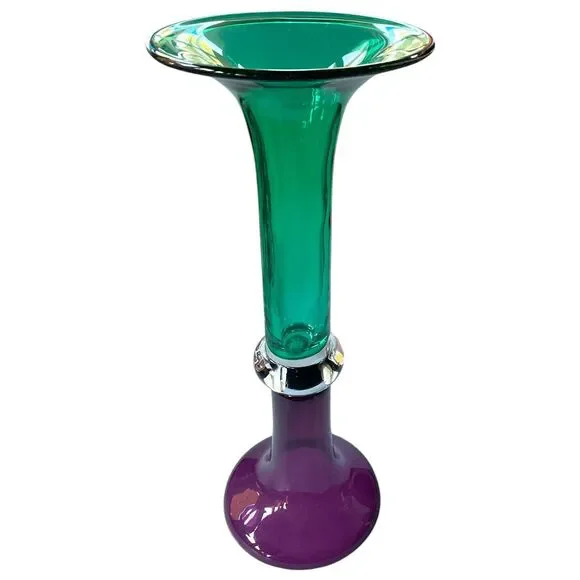 Purple Green Double Trumpet Art Glass Vase‎ Cylindrical Eclectic Contemporary
