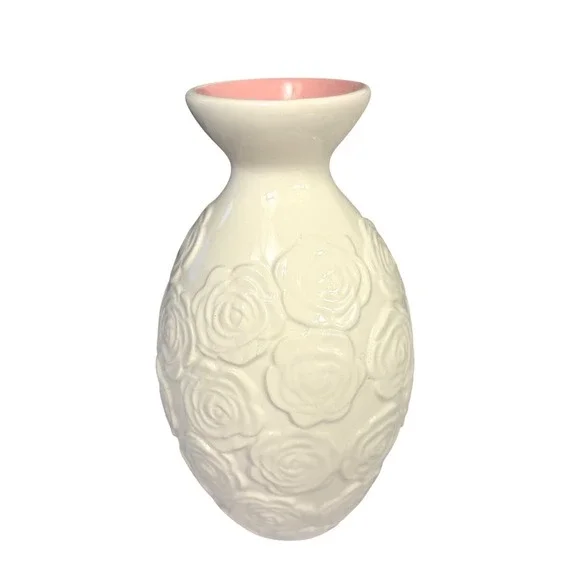 Sandra Magsamen‎ Cream Embossed Rose Ceramic Vase Pink Interior Floral Decor