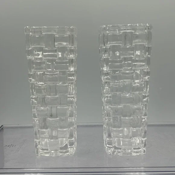 Set Of 2 German Nachtmann‎ Bossa Nova Basketweave Lead Crystal Vase Pair 6