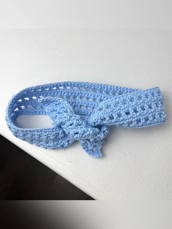 Periwinkle Blue Crochet Tie Headband 34”x2.25” Handmade Breathable