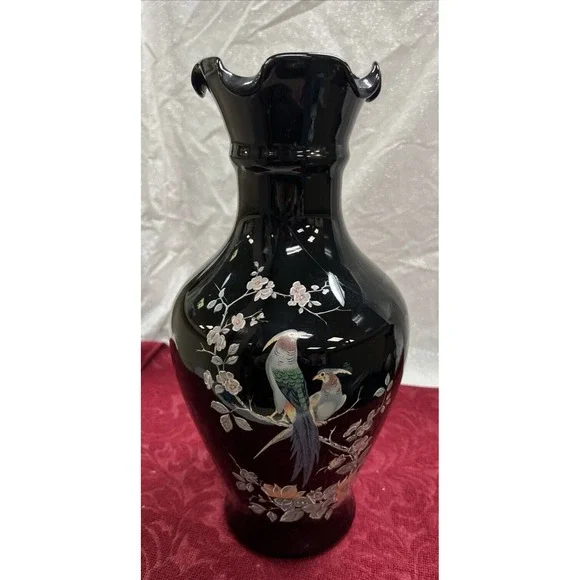 Vintage Japan Black Vase Gold Trim Pheasant Bird Flowers Bud Vase 3.5 Inches1478