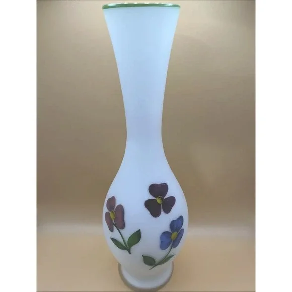 Made Italy for Schmid Bros White Cased Glass Vase Multicolor Floral 9.75