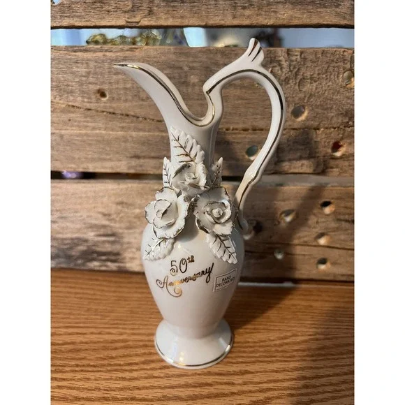 Norcrest Porcelain Fine China 50th  Anniversary one Handle Bud Vase 6-1/2