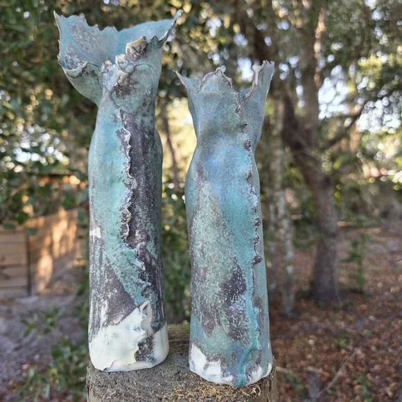 Set of 2 Brutalist MCM Style Danish Made Turquoise Ceramic Bud Vases Signed‎