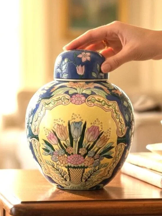 VTG Blue Floral Ginger Jar Urn w/Lid Hand Painted Macau Vase 10