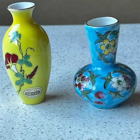 Miniature Japan Porcelain Vases Set Of 2 Yellow & Blue Floral Design vintage