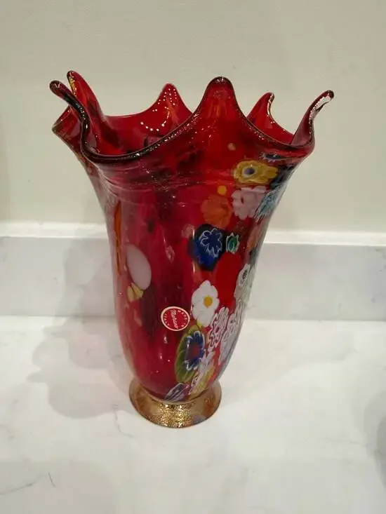 Vintage Murano Red Glass Millefiori Vase with Gold Gilt Base