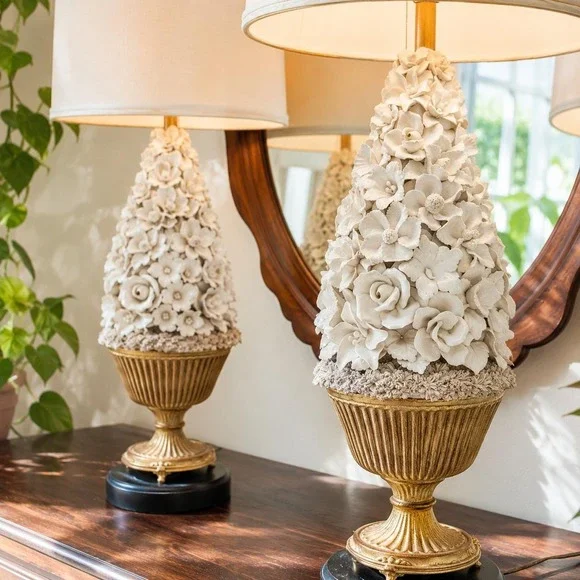 Rare Pair Vintage Porcelain Floral Table Lamps Ceramic‎ Casa Pupo Manises