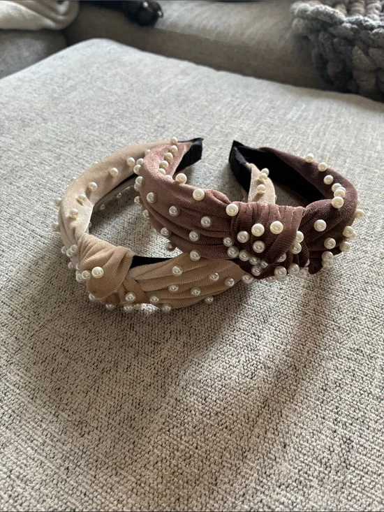 Pearl-Studded Velvet Knot Headbands in Beige and Brown