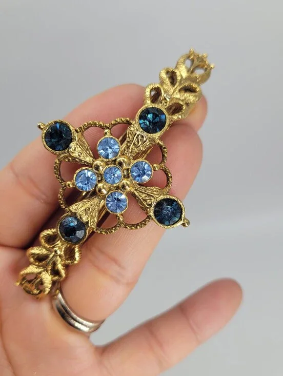 VTG style Maltese cross barrette Hair Clip gold tone filigreeblue rhinestones