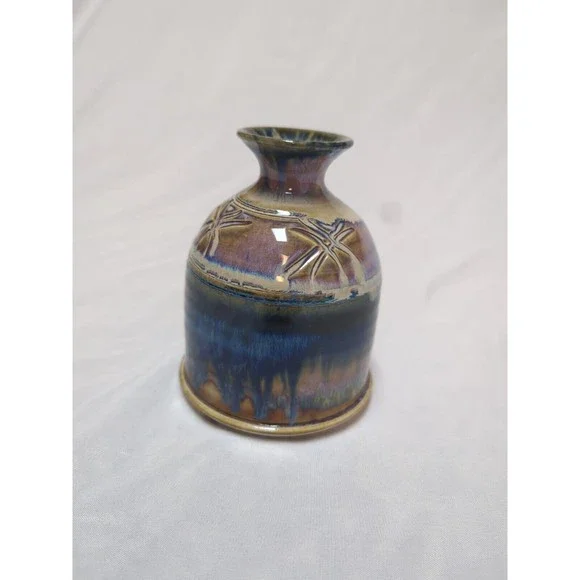 Ceramic Sudio Pottery Art Vase Sgrafitto Blue Periwinkle Glaze 5