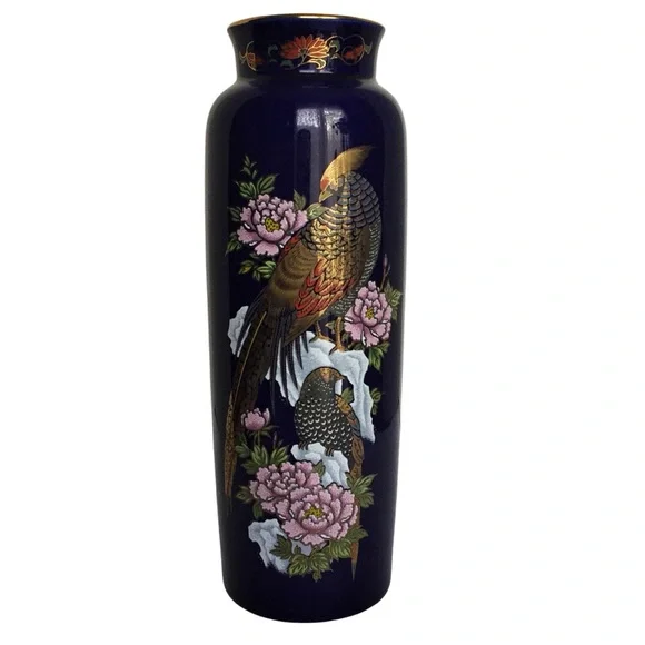 Vintage Kutani Cobalt Blue Pheasants Vase