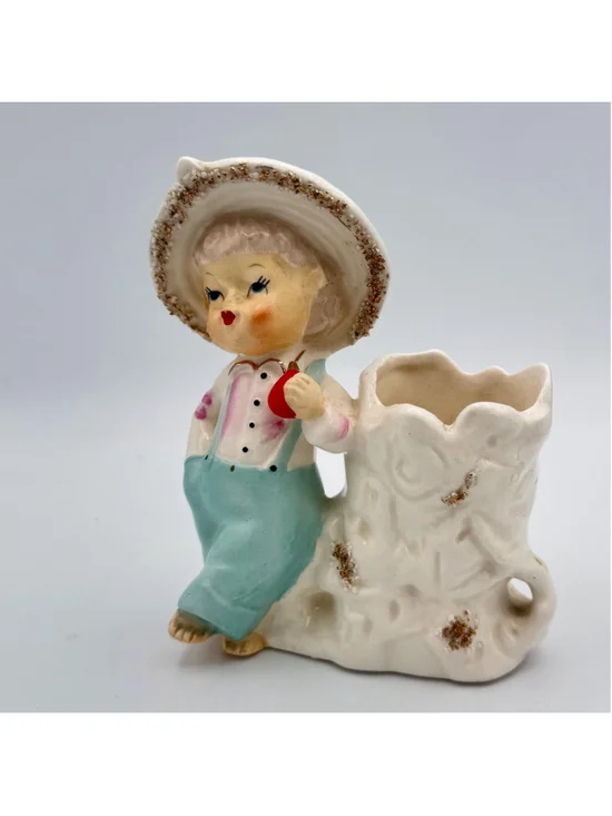 Vintage Japan Boy Planter – 1950s Ceramic Child Tree Stump Vase – Mid Century De