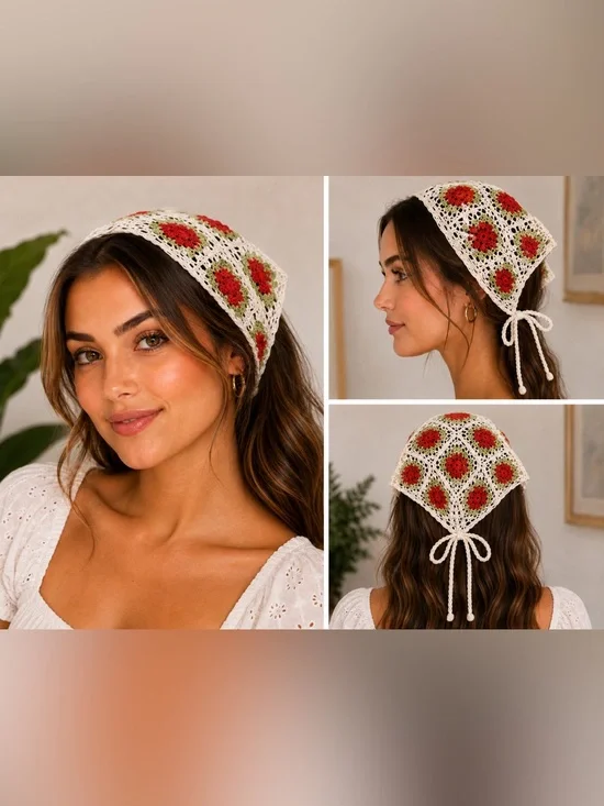 Hand Crocheted Floral Head Wrap Boho Bandana Cottagecore