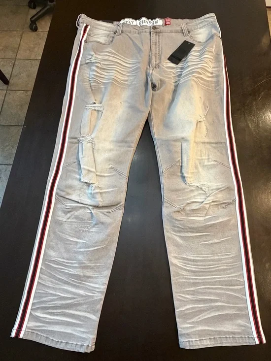 Men's Gray Distressed Jeans with Red-White-Black Side Stripe