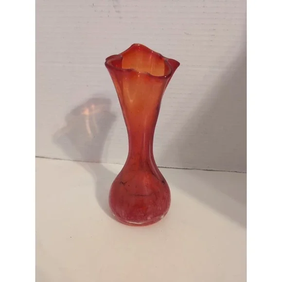 Vintage Hand Blown Art Glass Vace Orange Red‎ Ruffled Top Mid-Cenrury Modern