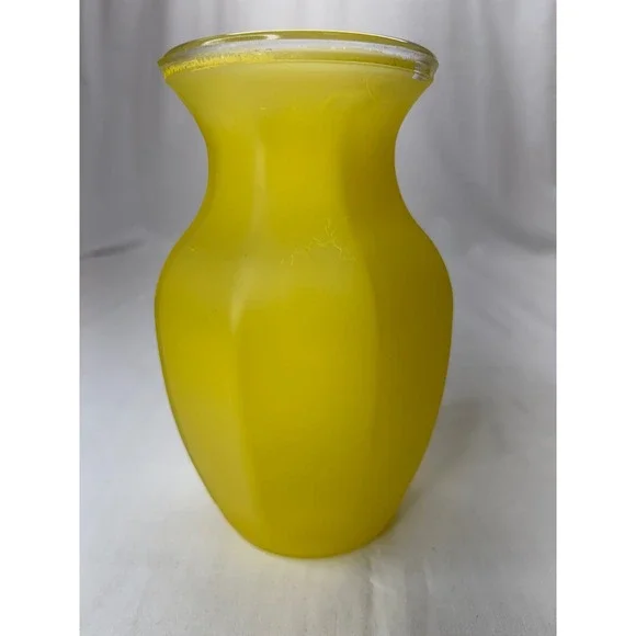 Vintage GGG Frosted Yellow Glass Paneled Vase Flared Rim 8