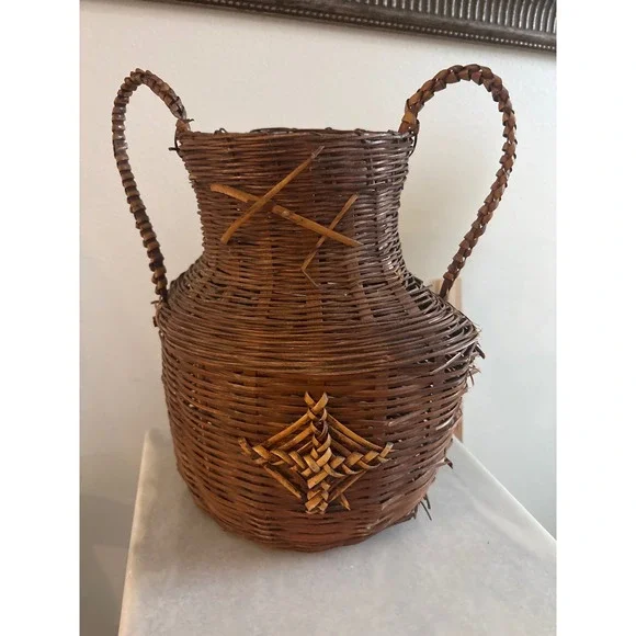 Vintage Hand Woven Wicker Amphora Basket Vase Dual Handles Dark Brown 12 Inch