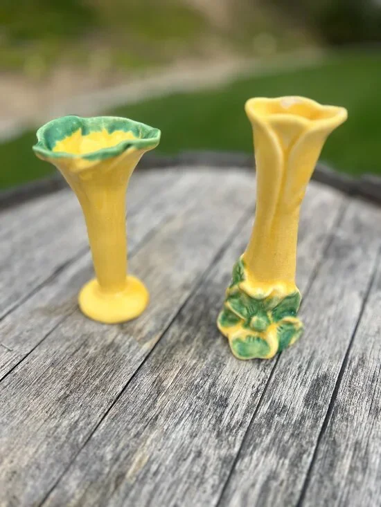 Pair of Vintage Yellow & Green Pottery Bud Vases | Cottage Floral Decor