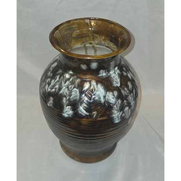 Vintage Brown & White Glossy Pottery Vase Leaf Pattern, Incised PG  12/14/1979