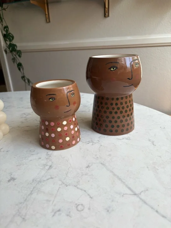 Hand-Painted Face Planters — Brown with Polka Dot Stands