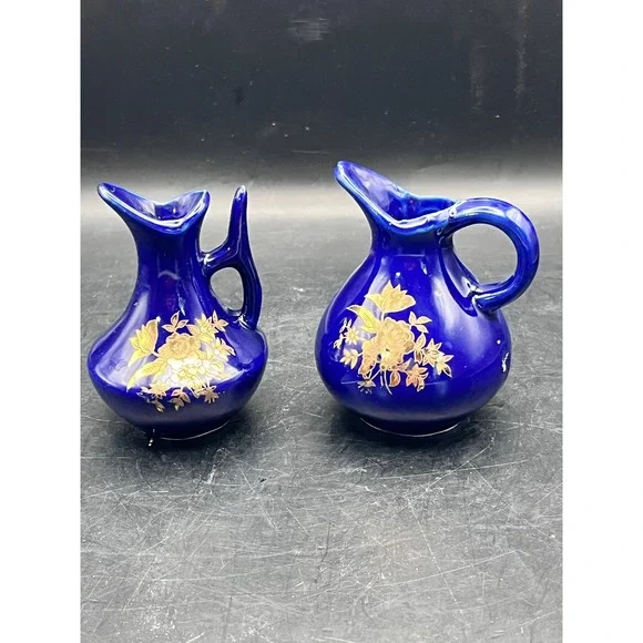 Vintage Set of 2 Chadwick Mini Bud Vases Cobalt Blue‎ Gold Flowers-3.25