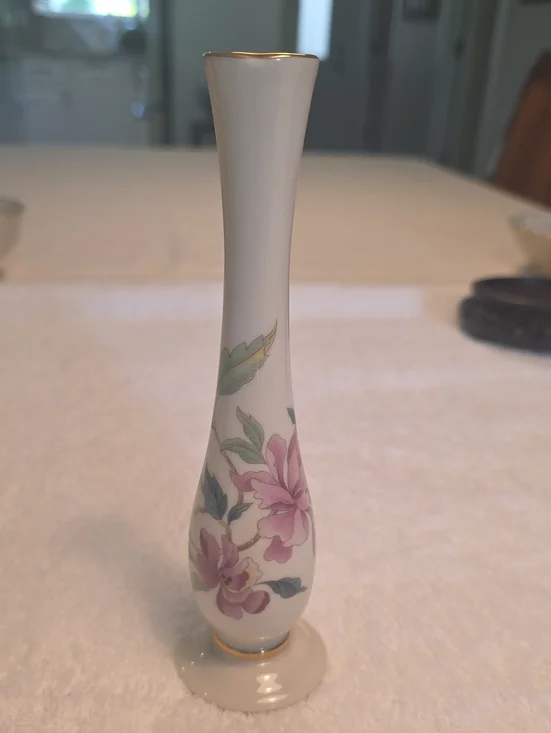 Lenox Porcelain Bud Vase with Pink Floral Design and Gold Trim