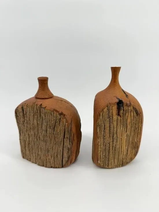 Studio Art Pottery Wood Bud Vase Set Signed Jabeh Hand Carved Rustic Wood Vases