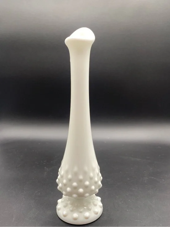 White Hobnail Milk Glass Bud Vase - Marked Fenton approximately 8-8 3/4”