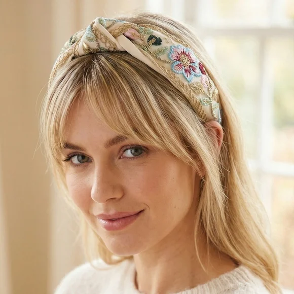 Headband Elegant Floral Embroidered Knotted - Pink Blue