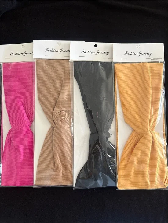 Pack of 4 Fashion Knotted Ribbed Double G Headbands - Pink, Tan, Black, Mustard
