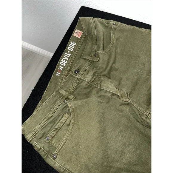 Devil-Dog Dungarees Mens 34X34 Olive Green Straight Jeans Pants Stretch